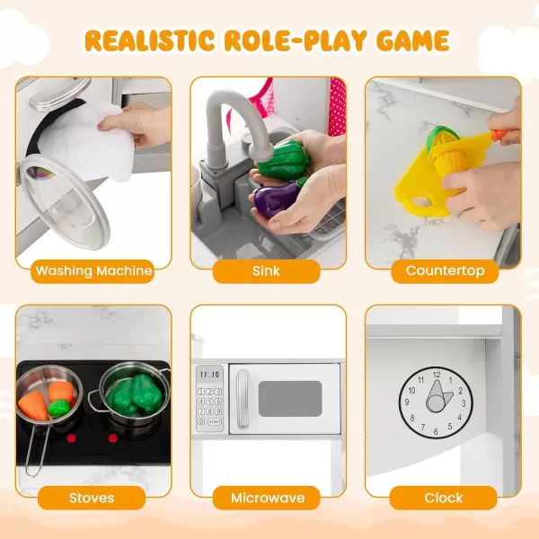 INFANS Corner Kids Kitchen Playset, Ultimate Wooden Pretend Cooking Toy Set with with Water Circulation Realistic Light Sound Stove Sink Storage Cabinet, Simulation Play Kitchen Gift for Boys Girls