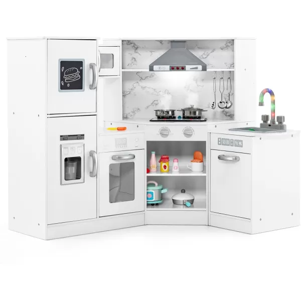 INFANS Corner Kids Kitchen Playset, Ultimate Wooden Pretend Cooking Toy Set with with Water Circulation Realistic Light Sound Stove Sink Storage Cabinet, Simulation Play Kitchen Gift for Boys Girls