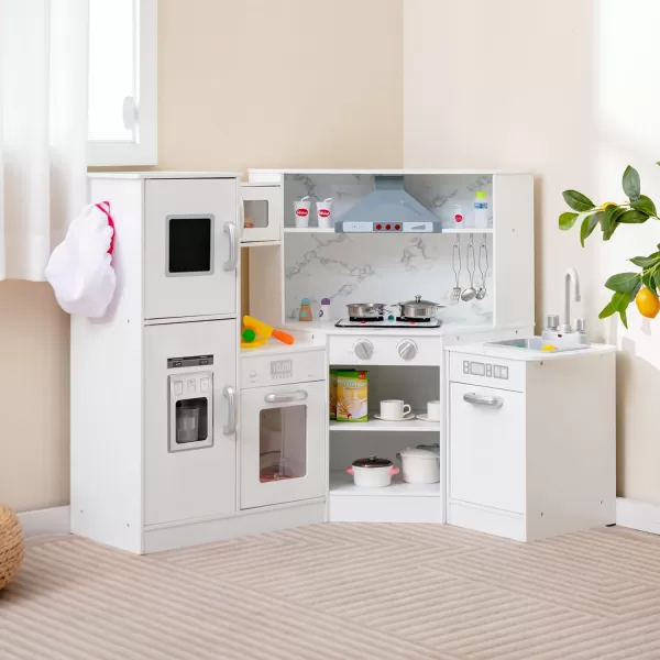 INFANS Corner Kids Kitchen Playset, Ultimate Wooden Pretend Cooking Toy Set with with Water Circulation Realistic Light Sound Stove Sink Storage Cabinet, Simulation Play Kitchen Gift for Boys Girls