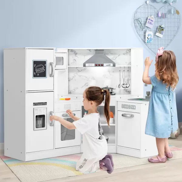 INFANS Corner Kids Kitchen Playset, Ultimate Wooden Pretend Cooking Toy Set with with Water Circulation Realistic Light Sound Stove Sink Storage Cabinet, Simulation Play Kitchen Gift for Boys Girls
