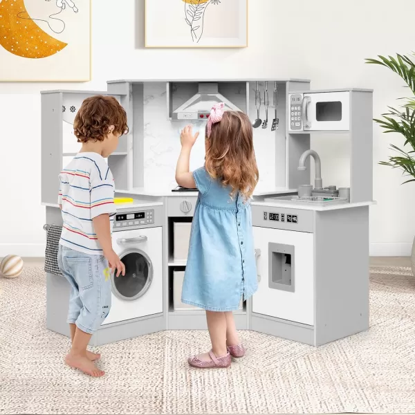 INFANS Corner Kids Kitchen Playset, Ultimate Wooden Pretend Cooking Toy Set with with Water Circulation Realistic Light Sound Stove Sink Storage Cabinet, Simulation Play Kitchen Gift for Boys Girls