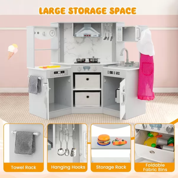 INFANS Corner Kids Kitchen Playset, Ultimate Wooden Pretend Cooking Toy Set with with Water Circulation Realistic Light Sound Stove Sink Storage Cabinet, Simulation Play Kitchen Gift for Boys Girls