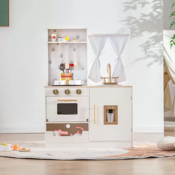 INFANS Kid Kitchen Playset, Toddler Wooden Pretend Cooking Set with Realistic Light &amp; Sound, Stove, Sink, Microwave, Storage Cabinet, Play Kitchen Toy Set for Children Boys Girls 