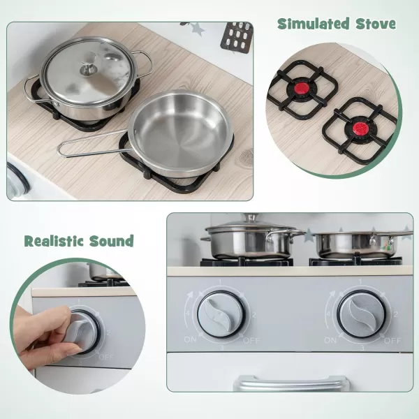 INFANS Kid Kitchen Playset, Toddler Wooden Pretend Cooking Set with Realistic Light &amp; Sound, Stove, Sink, Microwave, Storage Cabinet, Play Kitchen Toy Set for Children Boys Girls 