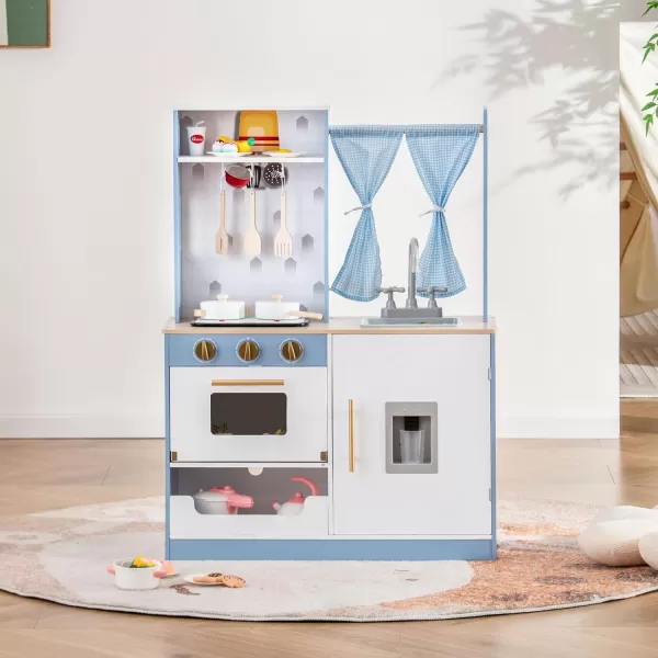 INFANS Kid Kitchen Playset, Toddler Wooden Pretend Cooking Set with Realistic Light &amp; Sound, Stove, Sink, Microwave, Storage Cabinet, Play Kitchen Toy Set for Children Boys Girls 
