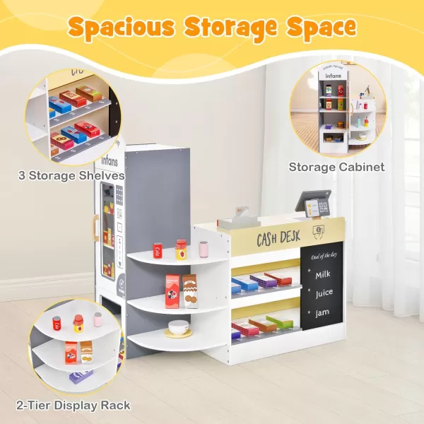 INFANS Kids Grocery Store Playset, Wooden Supermarket Toy Set with Cash Register, Vending Machine, Play Food Accessories, Blackboard, Pretend Play Store Gift for Toddler Boys Girls 