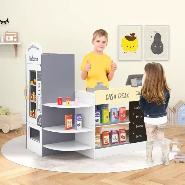 INFANS Kids Grocery Store Playset, Wooden Supermarket Toy Set with Cash Register, Vending Machine, Play Food Accessories, Blackboard, Pretend Play Store Gift for Toddler Boys Girls 