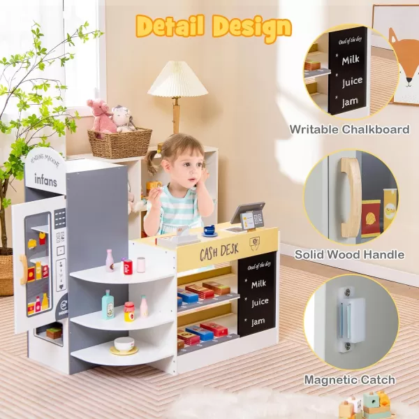 INFANS Kids Grocery Store Playset, Wooden Supermarket Toy Set with Cash Register, Vending Machine, Play Food Accessories, Blackboard, Pretend Play Store Gift for Toddler Boys Girls 