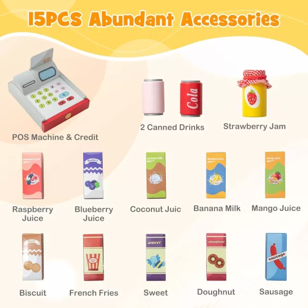 INFANS Kids Grocery Store Playset, Wooden Supermarket Toy Set with Cash Register, Vending Machine, Play Food Accessories, Blackboard, Pretend Play Store Gift for Toddler Boys Girls 