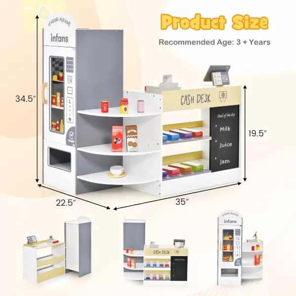 INFANS Kids Grocery Store Playset, Wooden Supermarket Toy Set with Cash Register, Vending Machine, Play Food Accessories, Blackboard, Pretend Play Store Gift for Toddler Boys Girls 