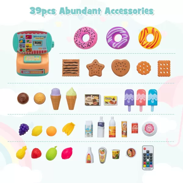 INFANS Kids Grocery Store Playset, Wooden Supermarket Toy Set with Cash Register, Vending Machine, Play Food Accessories, Blackboard, Pretend Play Store Gift for Toddler Boys Girls 