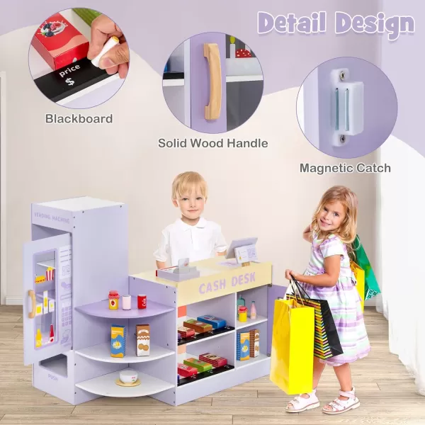 INFANS Kids Grocery Store Playset, Wooden Supermarket Toy Set with Cash Register, Vending Machine, Play Food Accessories, Blackboard, Pretend Play Store Gift for Toddler Boys Girls 