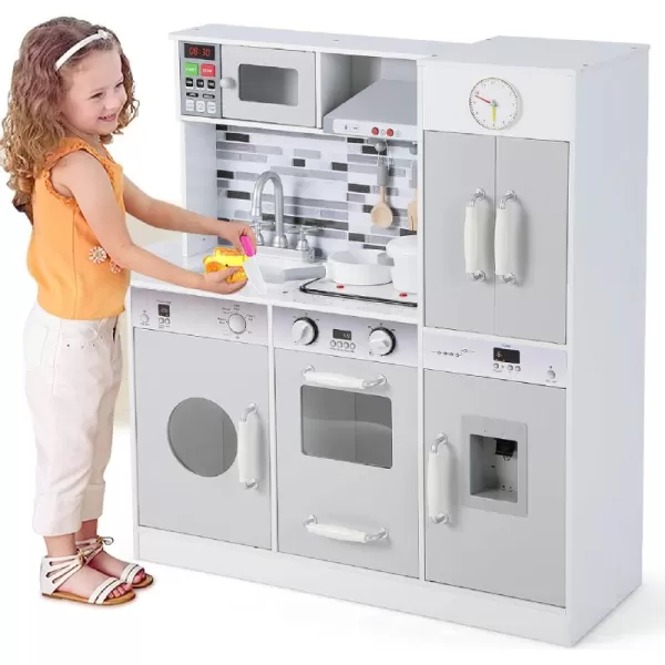 INFANS 2 in 1 Kids Play Kitchen and Restaurant, Double Sided Toddler Wooden Pretend Cooking Set with Stove Sink Microwave Storage Cabinet, Simulation Kitchen Toy Set for Boys Girls 