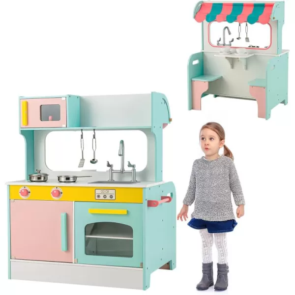 INFANS 2 in 1 Kids Play Kitchen and Restaurant, Double Sided Toddler Wooden Pretend Cooking Set with Stove Sink Microwave Storage Cabinet, Simulation Kitchen Toy Set for Boys Girls 