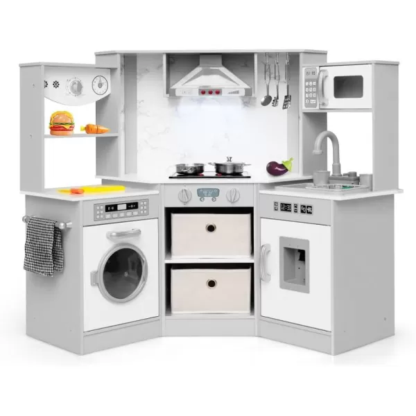 INFANS Corner Kids Kitchen Playset, Ultimate Wooden Pretend Cooking Toy Set with with Water Circulation Realistic Light Sound Stove Sink Storage Cabinet, Simulation Play Kitchen Gift for Boys Girls
