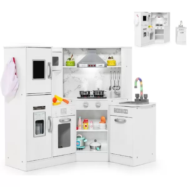 INFANS Corner Kids Kitchen Playset, Ultimate Wooden Pretend Cooking Toy Set with with Water Circulation Realistic Light Sound Stove Sink Storage Cabinet, Simulation Play Kitchen Gift for Boys Girls