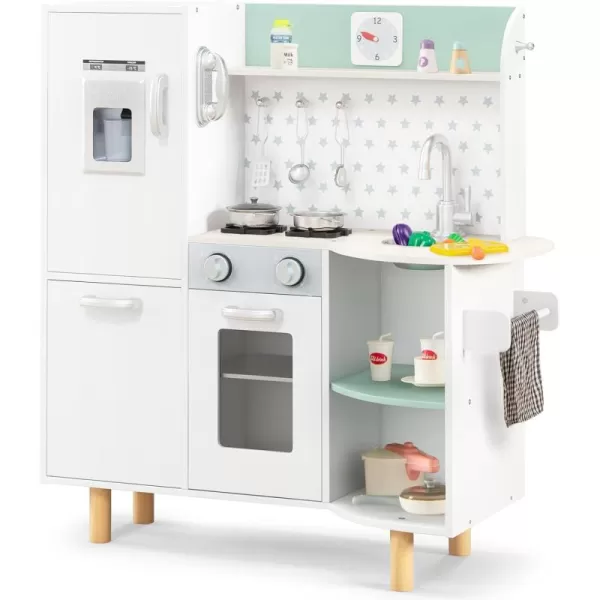 INFANS Kid Kitchen Playset, Toddler Wooden Pretend Cooking Set with Realistic Light &amp; Sound, Stove, Sink, Microwave, Storage Cabinet, Play Kitchen Toy Set for Children Boys Girls 