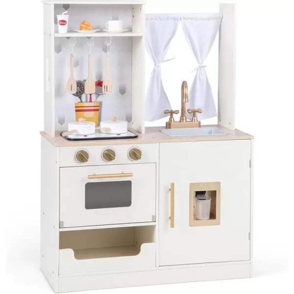 INFANS Kid Kitchen Playset, Toddler Wooden Pretend Cooking Set with Realistic Light &amp; Sound, Stove, Sink, Microwave, Storage Cabinet, Play Kitchen Toy Set for Children Boys Girls 