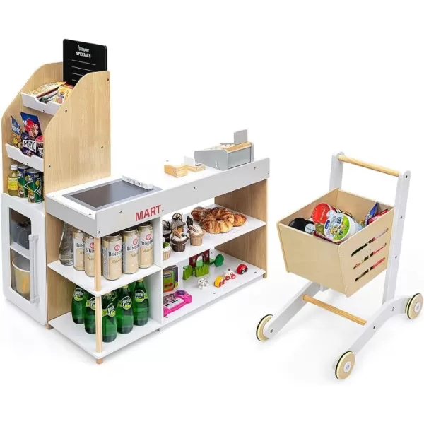 INFANS Kids Grocery Store Playset, Wooden Supermarket Toy Set with Cash Register, Vending Machine, Play Food Accessories, Blackboard, Pretend Play Store Gift for Toddler Boys Girls 