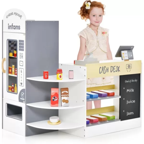 INFANS Kids Grocery Store Playset, Wooden Supermarket Toy Set with Cash Register, Vending Machine, Play Food Accessories, Blackboard, Pretend Play Store Gift for Toddler Boys Girls 