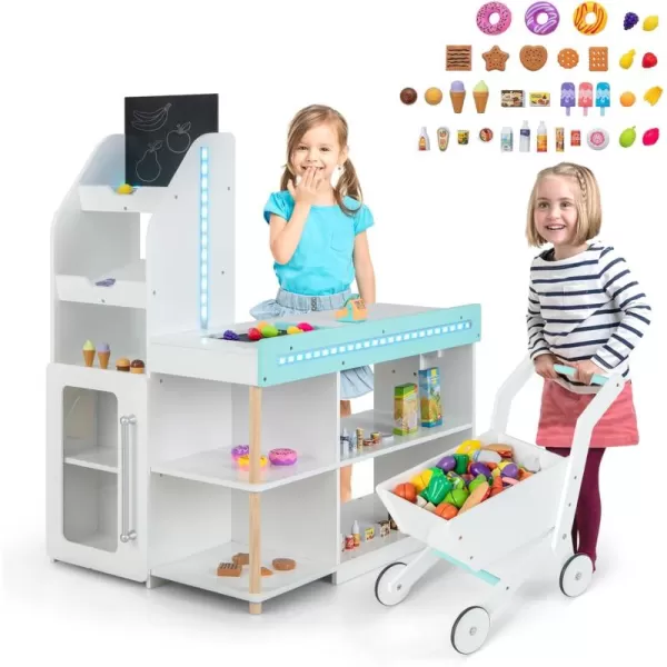 INFANS Kids Grocery Store Playset, Wooden Supermarket Toy Set with Cash Register, Vending Machine, Play Food Accessories, Blackboard, Pretend Play Store Gift for Toddler Boys Girls 