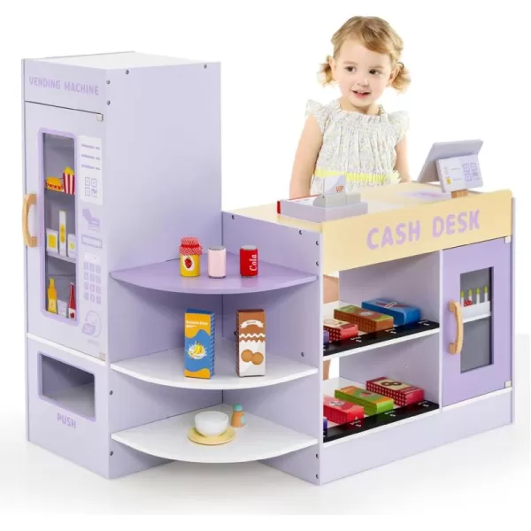 INFANS Kids Grocery Store Playset, Wooden Supermarket Toy Set with Cash Register, Vending Machine, Play Food Accessories, Blackboard, Pretend Play Store Gift for Toddler Boys Girls 