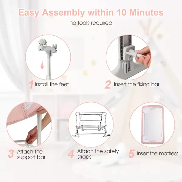 imageINFANS 3 in 1 Baby Bassinet Bedside Sleeper for Newborn Folding Crib with Mattress Travel Bag Wheels 4Sided Mesh Easy to Assemble Cradle Co Sleeper Stationary Rock Light GreyPink