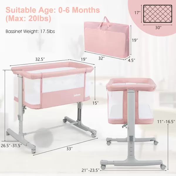 imageINFANS 3 in 1 Baby Bassinet Bedside Sleeper for Newborn Folding Crib with Mattress Travel Bag Wheels 4Sided Mesh Easy to Assemble Cradle Co Sleeper Stationary Rock Light GreyPink