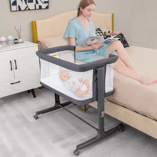 imageINFANS 3 in 1 Baby Bassinet Bedside Sleeper for Newborn Folding Crib with Mattress Travel Bag Wheels 4Sided Mesh Easy to Assemble Cradle Co Sleeper Stationary Rock Light GreyDark Grey