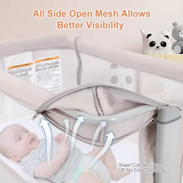 imageINFANS 3 in 1 Baby Bassinet Bedside Sleeper for Newborn Folding Crib with Mattress Travel Bag Wheels 4Sided Mesh Easy to Assemble Cradle Co Sleeper Stationary Rock Light GreyBeige