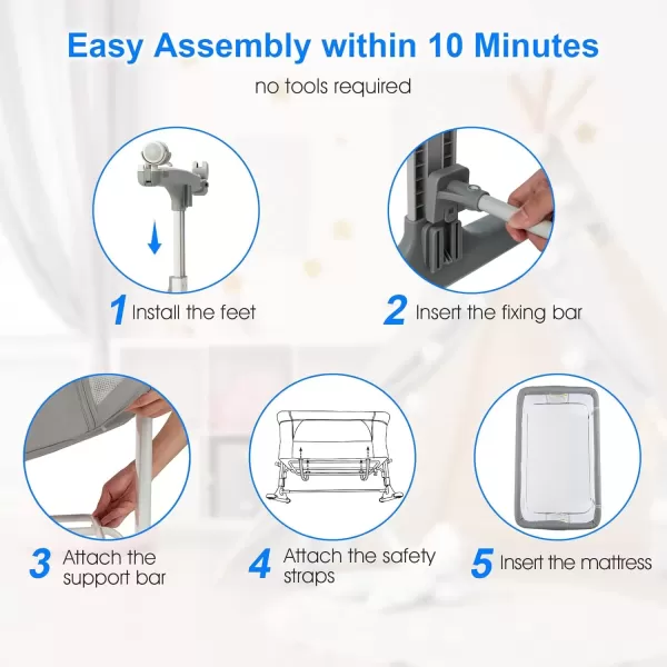 imageINFANS 3 in 1 Baby Bassinet Bedside Sleeper for Newborn Folding Crib with Mattress Travel Bag Wheels 4Sided Mesh Easy to Assemble Cradle Co Sleeper Stationary Rock Light GreyLight Grey