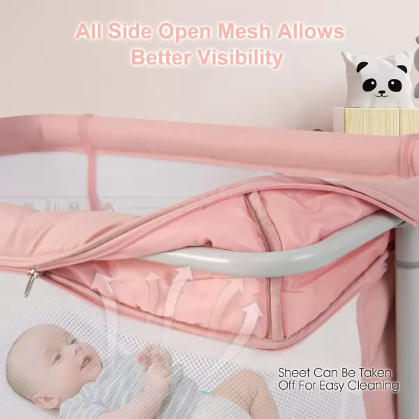 imageINFANS 3 in 1 Baby Bassinet Bedside Sleeper for Newborn Folding Crib with Mattress Travel Bag Wheels 4Sided Mesh Easy to Assemble Cradle Co Sleeper Stationary Rock Light GreyPink