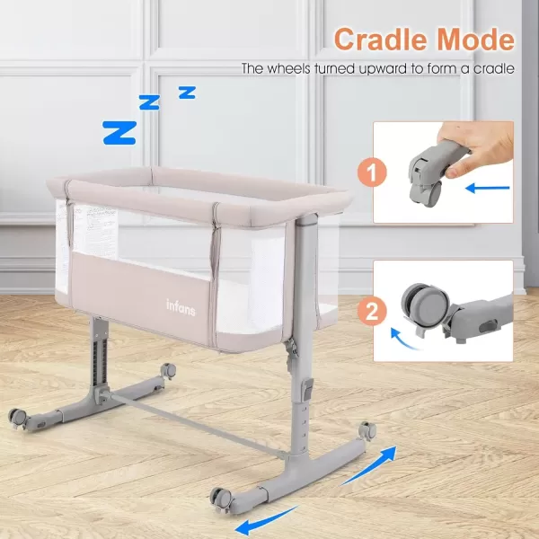 imageINFANS 3 in 1 Baby Bassinet Bedside Sleeper for Newborn Folding Crib with Mattress Travel Bag Wheels 4Sided Mesh Easy to Assemble Cradle Co Sleeper Stationary Rock Light GreyBeige