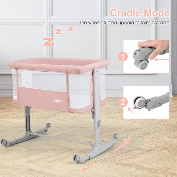 imageINFANS 3 in 1 Baby Bassinet Bedside Sleeper for Newborn Folding Crib with Mattress Travel Bag Wheels 4Sided Mesh Easy to Assemble Cradle Co Sleeper Stationary Rock Light GreyPink