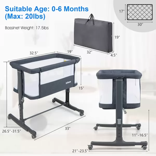 imageINFANS 3 in 1 Baby Bassinet Bedside Sleeper for Newborn Folding Crib with Mattress Travel Bag Wheels 4Sided Mesh Easy to Assemble Cradle Co Sleeper Stationary Rock Light GreyDark Grey