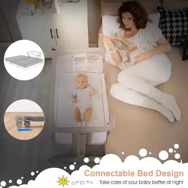imageINFANS 3 in 1 Baby Bassinet Bedside Sleeper for Newborn Folding Crib with Mattress Travel Bag Wheels 4Sided Mesh Easy to Assemble Cradle Co Sleeper Stationary Rock Light GreyBeige