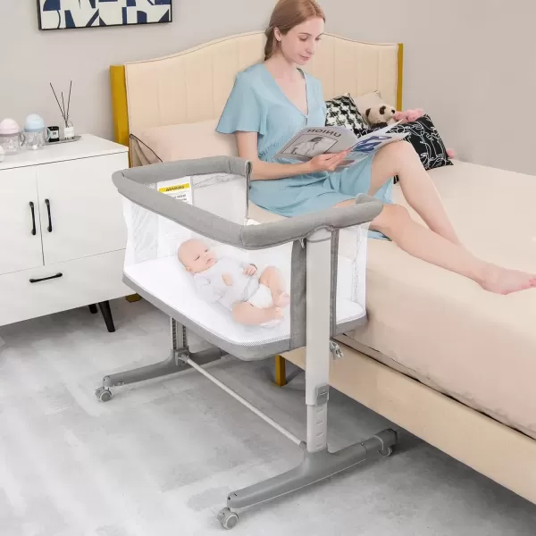 imageINFANS 3 in 1 Baby Bassinet Bedside Sleeper for Newborn Folding Crib with Mattress Travel Bag Wheels 4Sided Mesh Easy to Assemble Cradle Co Sleeper Stationary Rock Light GreyLight Grey