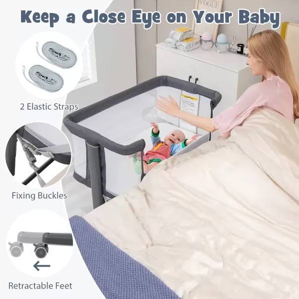 imageINFANS 3 in 1 Baby Bassinet Bedside Sleeper for Newborn Folding Crib with Mattress Travel Bag Wheels 4Sided Mesh Easy to Assemble Cradle Co Sleeper Stationary Rock Light GreyDark Grey