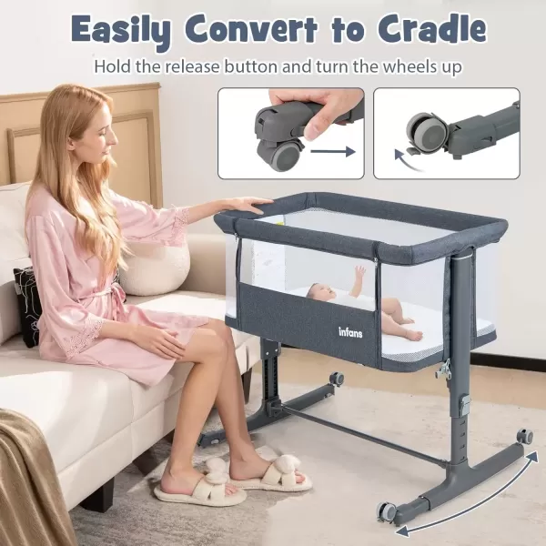 imageINFANS 3 in 1 Baby Bassinet Bedside Sleeper for Newborn Folding Crib with Mattress Travel Bag Wheels 4Sided Mesh Easy to Assemble Cradle Co Sleeper Stationary Rock Light GreyDark Grey