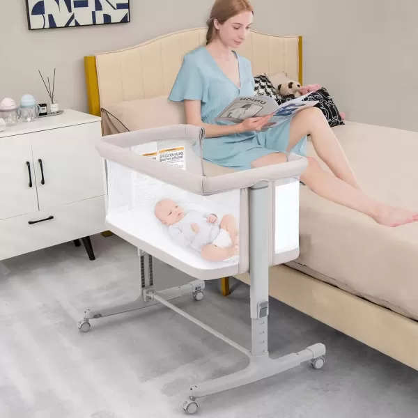 imageINFANS 3 in 1 Baby Bassinet Bedside Sleeper for Newborn Folding Crib with Mattress Travel Bag Wheels 4Sided Mesh Easy to Assemble Cradle Co Sleeper Stationary Rock Light GreyBeige