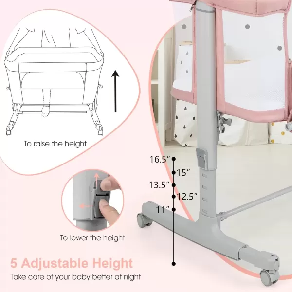imageINFANS 3 in 1 Baby Bassinet Bedside Sleeper for Newborn Folding Crib with Mattress Travel Bag Wheels 4Sided Mesh Easy to Assemble Cradle Co Sleeper Stationary Rock Light GreyPink