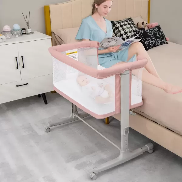 imageINFANS 3 in 1 Baby Bassinet Bedside Sleeper for Newborn Folding Crib with Mattress Travel Bag Wheels 4Sided Mesh Easy to Assemble Cradle Co Sleeper Stationary Rock Light GreyPink