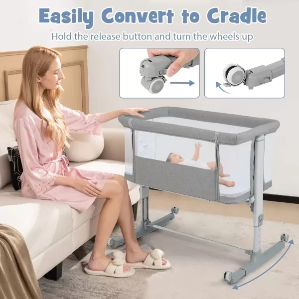 imageINFANS 3 in 1 Baby Bassinet Bedside Sleeper for Newborn Folding Crib with Mattress Travel Bag Wheels 4Sided Mesh Easy to Assemble Cradle Co Sleeper Stationary Rock Light GreyLight Grey