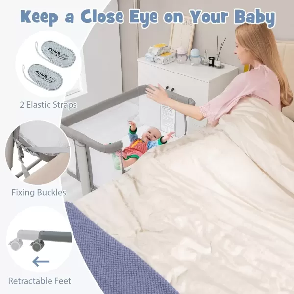 imageINFANS 3 in 1 Baby Bassinet Bedside Sleeper for Newborn Folding Crib with Mattress Travel Bag Wheels 4Sided Mesh Easy to Assemble Cradle Co Sleeper Stationary Rock Light GreyLight Grey