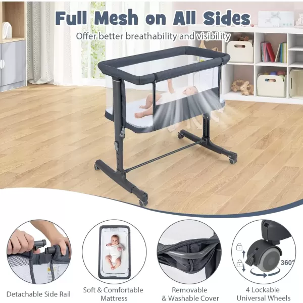 imageINFANS 3 in 1 Baby Bassinet Bedside Sleeper for Newborn Folding Crib with Mattress Travel Bag Wheels 4Sided Mesh Easy to Assemble Cradle Co Sleeper Stationary Rock Light GreyDark Grey
