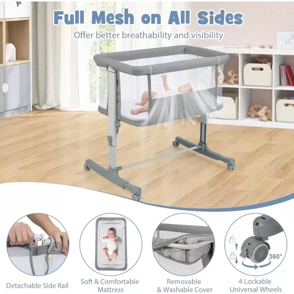 imageINFANS 3 in 1 Baby Bassinet Bedside Sleeper for Newborn Folding Crib with Mattress Travel Bag Wheels 4Sided Mesh Easy to Assemble Cradle Co Sleeper Stationary Rock Light GreyLight Grey