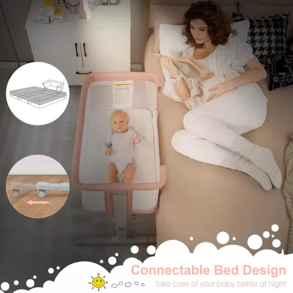 imageINFANS 3 in 1 Baby Bassinet Bedside Sleeper for Newborn Folding Crib with Mattress Travel Bag Wheels 4Sided Mesh Easy to Assemble Cradle Co Sleeper Stationary Rock Light GreyPink