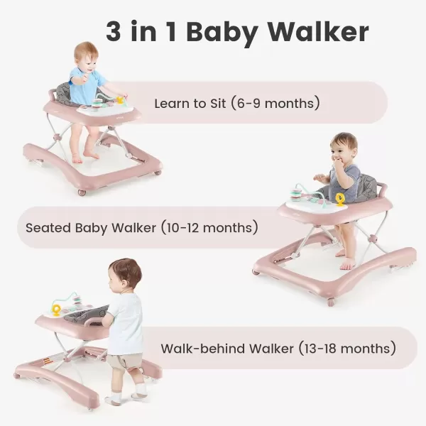 imageINFANS 3 in 1 Baby Walker Foldable Leaning Seated Walk Behind with Adjustable Height Push Handle Washable Seat Cushion for Boys Girls Toddler PinkPink