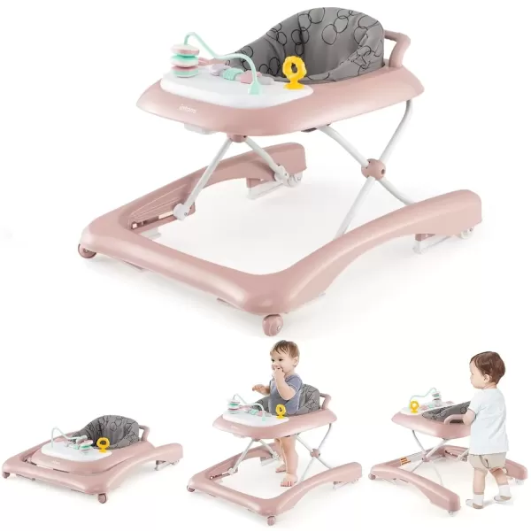 imageINFANS 3 in 1 Baby Walker Foldable Leaning Seated Walk Behind with Adjustable Height Push Handle Washable Seat Cushion for Boys Girls Toddler PinkPink