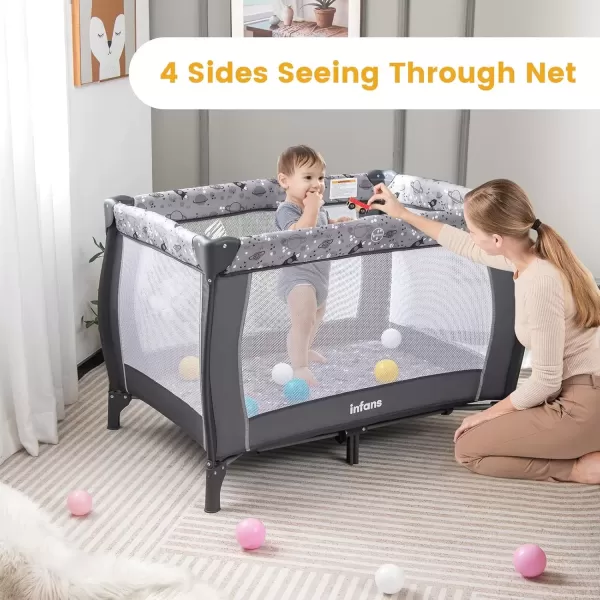 imageINFANS 4 in 1 Pack and Play Portable Travel Baby Playard with Bassinet Changing Table Canopy Mosquito Net Hanging Toys Music Box Storage Bag Large Playpen from Newborn to Toddlers GreyGrey